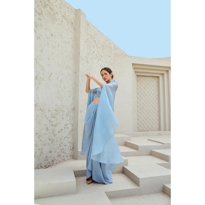 RENASCI Blue Embroidered Amara Cape with Skirt and Crop Top (Set of 3)