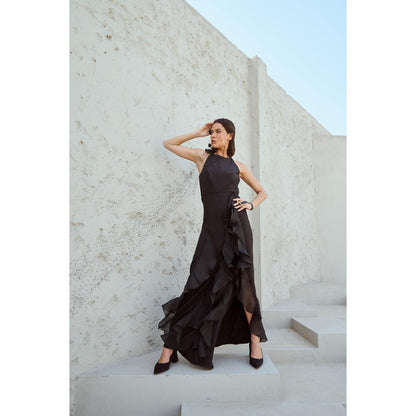 RENASCI Black Solid/Plain Daphne Maxi Dress