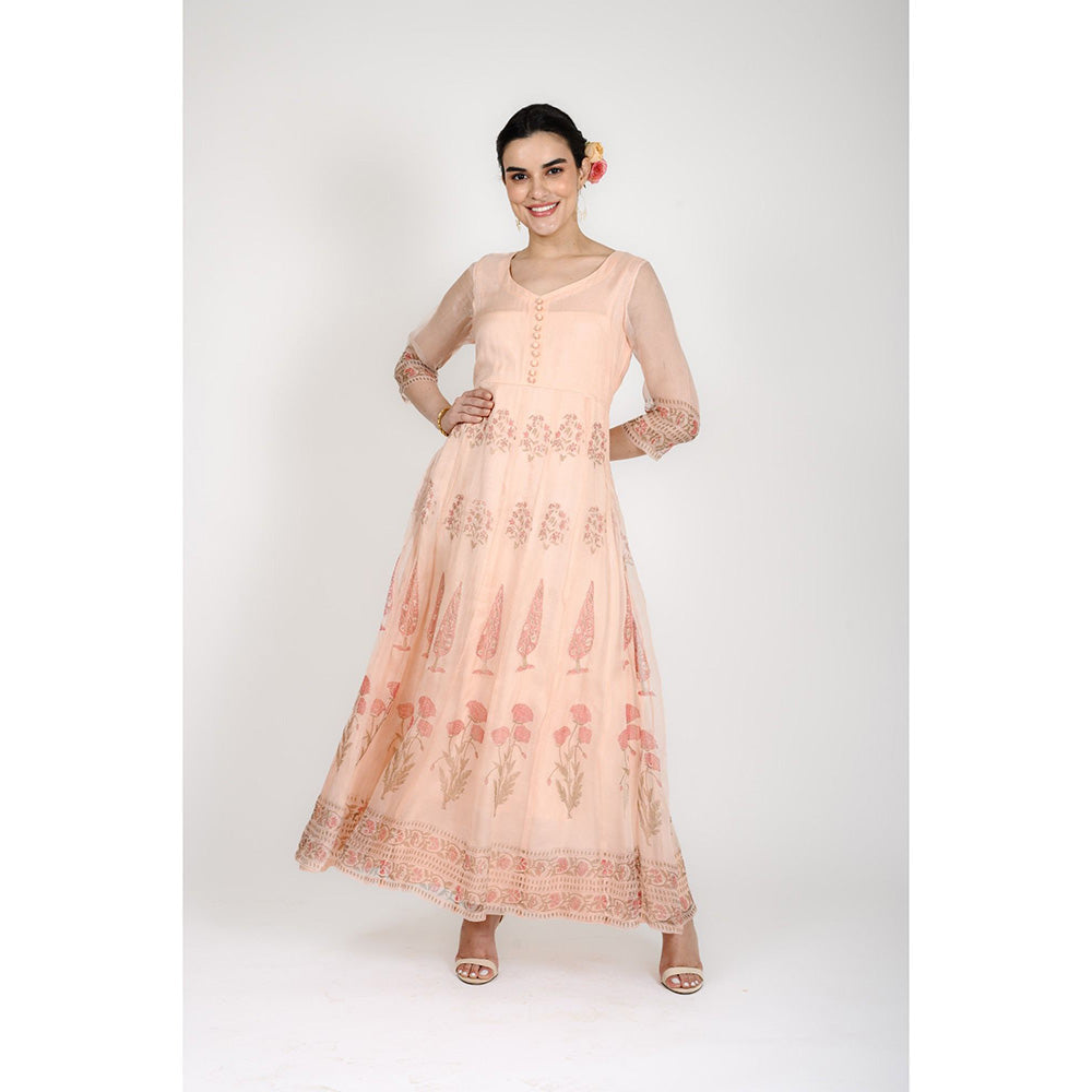 Rhapsody Jaipur Peach Printed Anarkali Dress