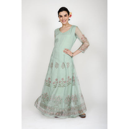 Rhapsody Jaipur Turquoise Printed Anarkali Dress