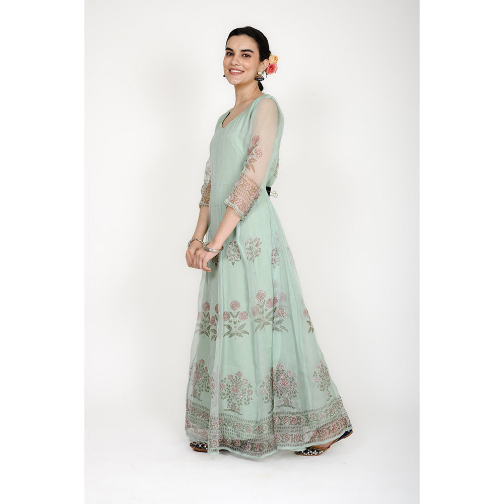 Rhapsody Jaipur Turquoise Printed Anarkali Dress