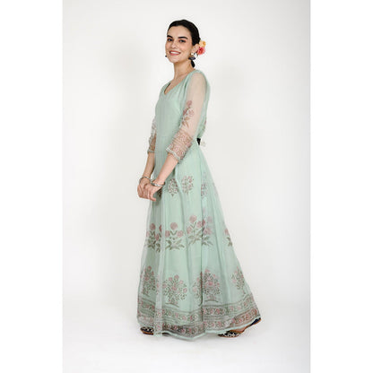 Rhapsody Jaipur Turquoise Printed Anarkali Dress