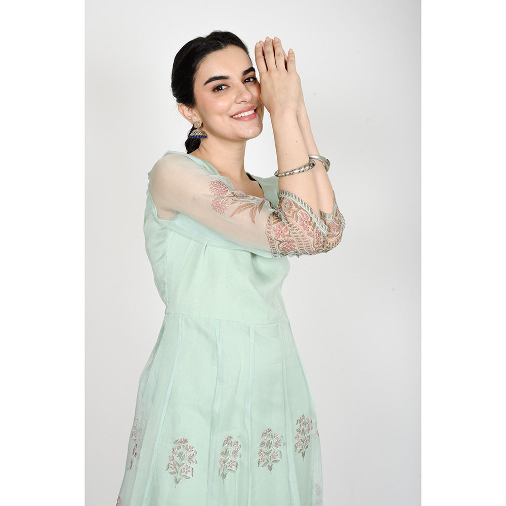 Rhapsody Jaipur Turquoise Printed Anarkali Dress