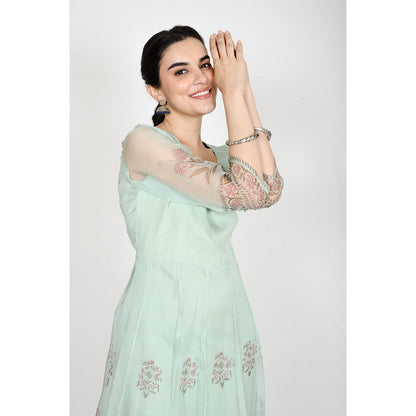 Rhapsody Jaipur Turquoise Printed Anarkali Dress