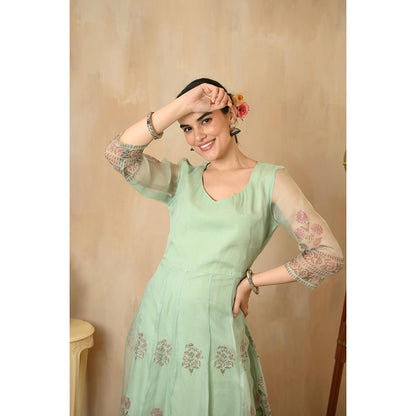 Rhapsody Jaipur Turquoise Printed Anarkali Dress