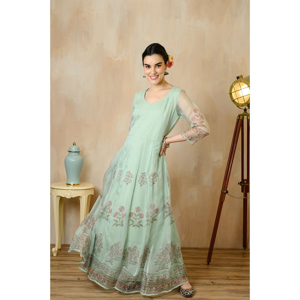 Rhapsody Jaipur Turquoise Printed Anarkali Dress