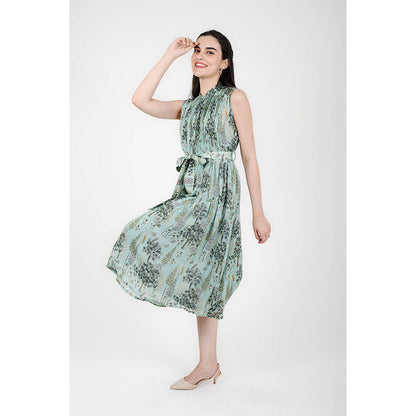 Rhapsody Jaipur Blue Printed Silk Dress with Belt (Set of 2)