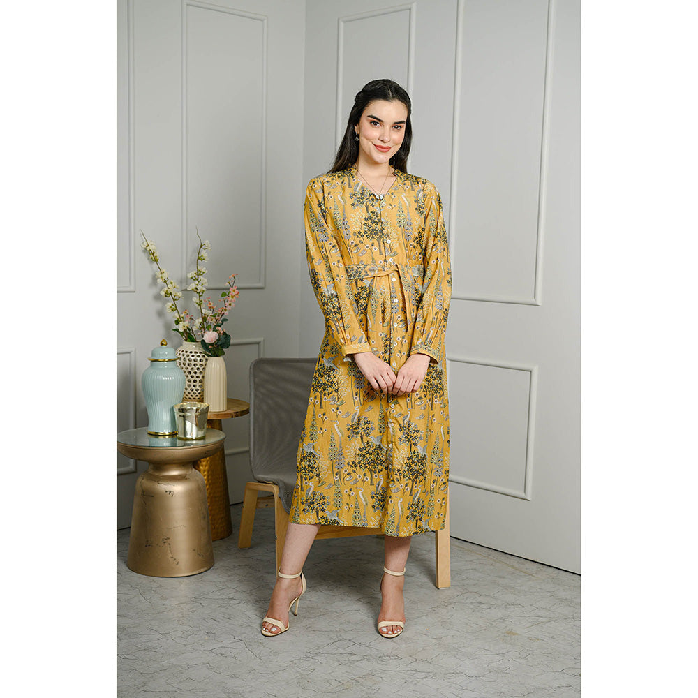 Rhapsody Jaipur Mustard Printed Silk Dress with Belt (Set of 2)