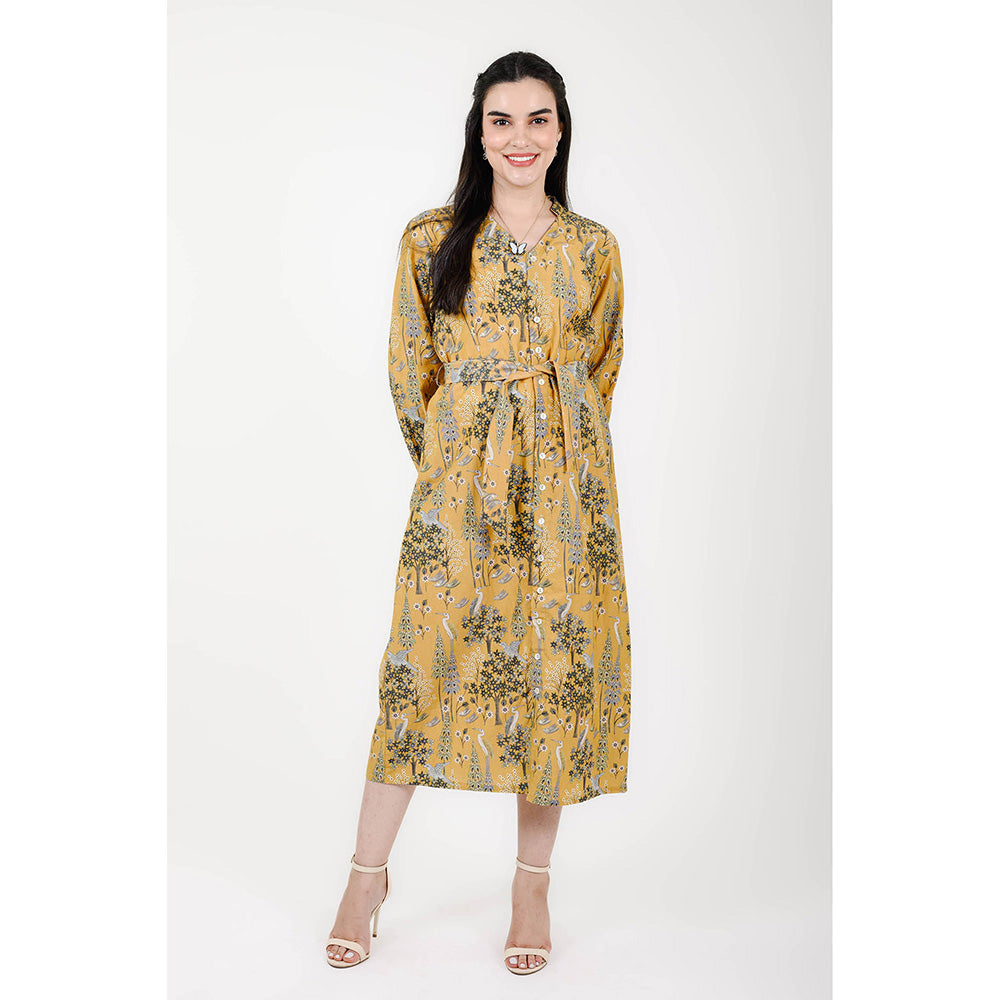 Rhapsody Jaipur Mustard Printed Silk Dress with Belt (Set of 2)