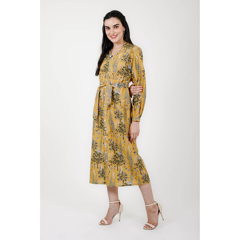 Rhapsody Jaipur Mustard Printed Silk Dress with Belt (Set of 2)