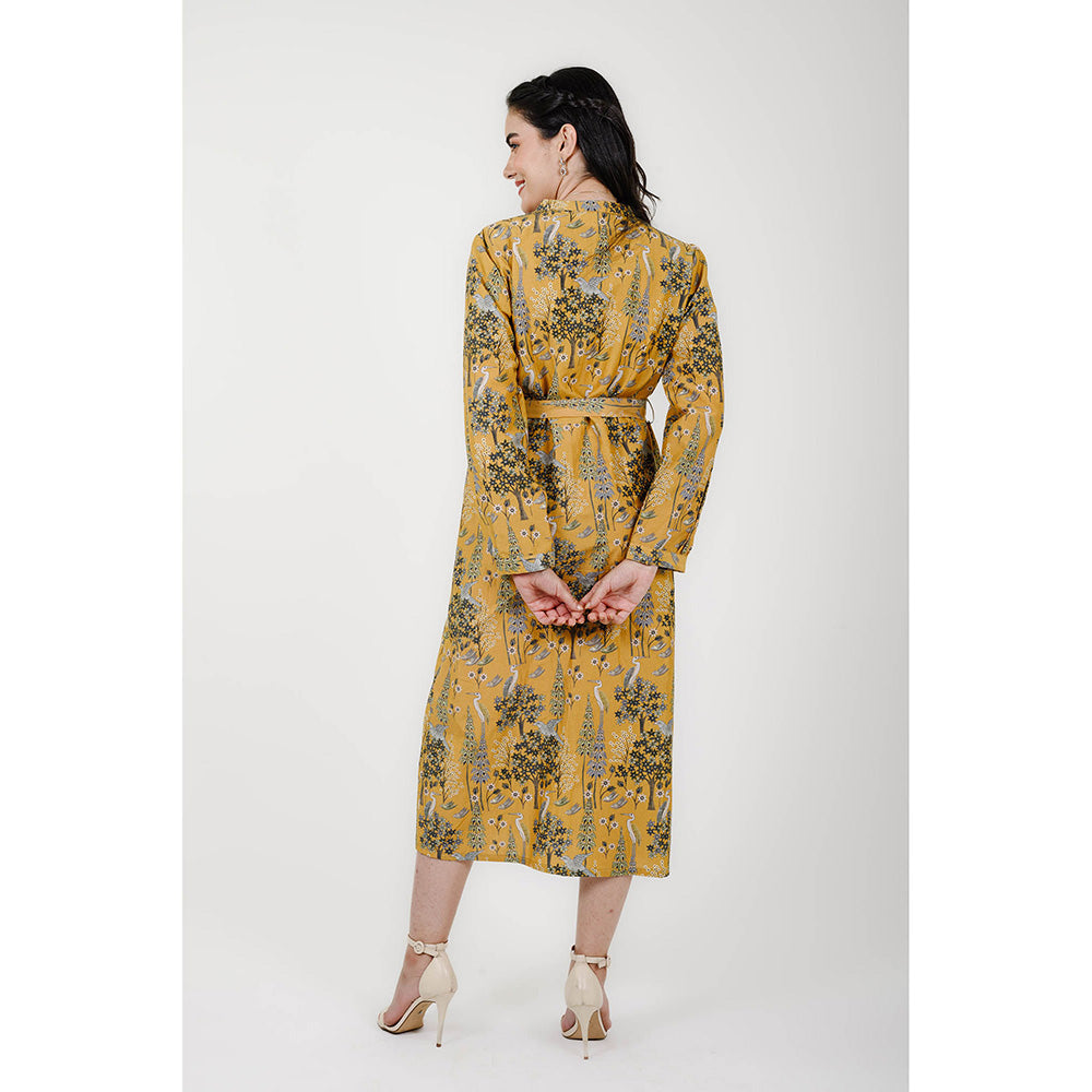 Rhapsody Jaipur Mustard Printed Silk Dress with Belt (Set of 2)