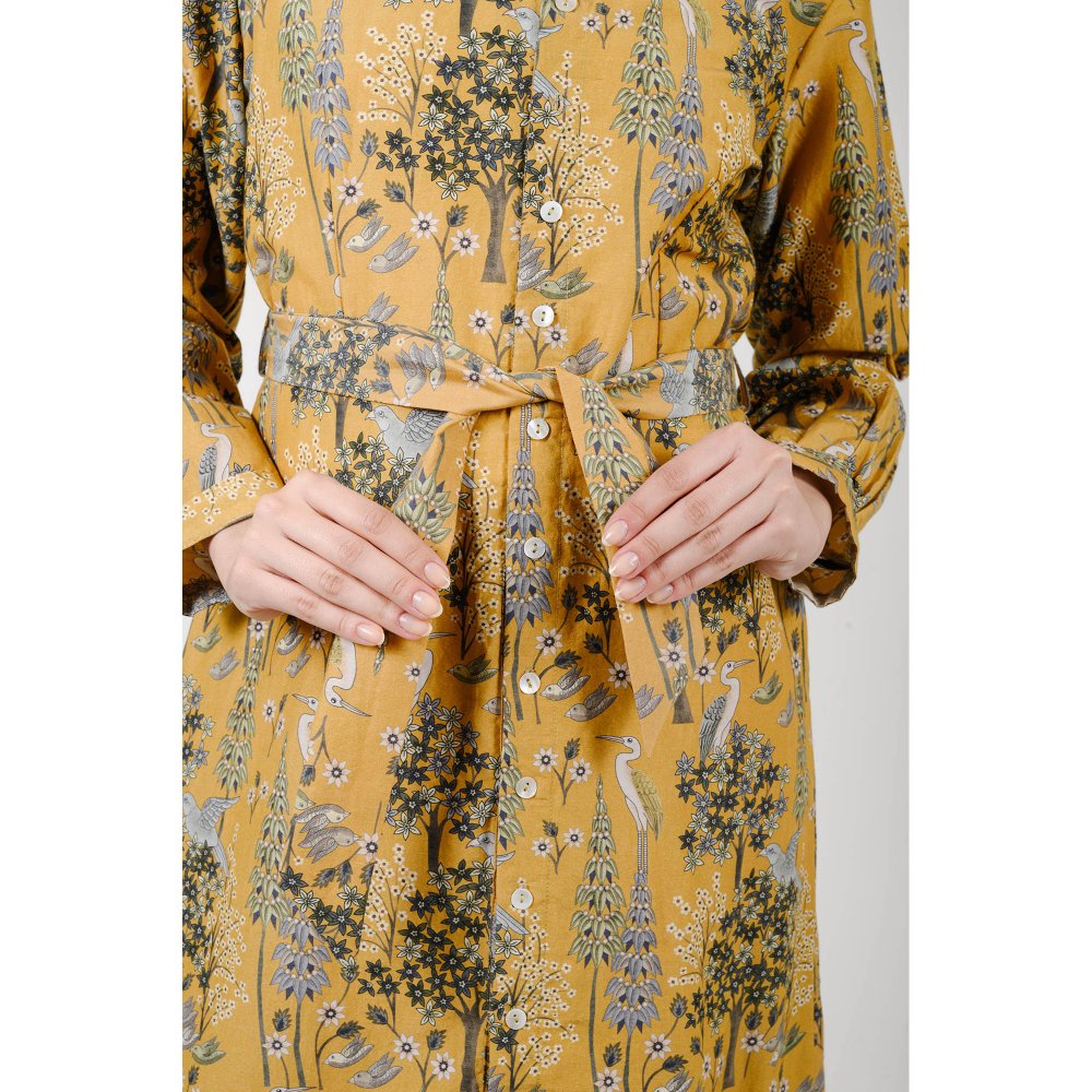 Rhapsody Jaipur Mustard Printed Silk Dress with Belt (Set of 2)