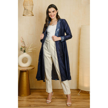 Rhapsody Jaipur Navy Blue Twilight Mirror Work Overlay Jacket