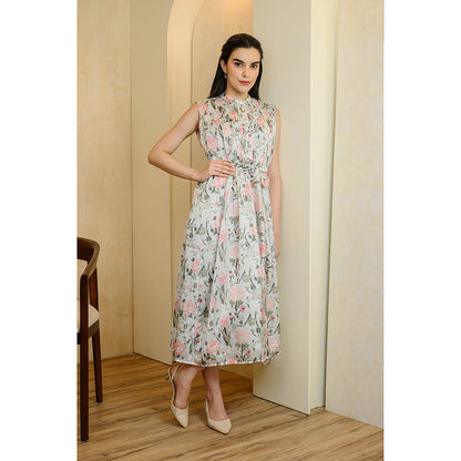 Rhapsody Jaipur Blue Floral Printed Dress with Belt (Set of 2)