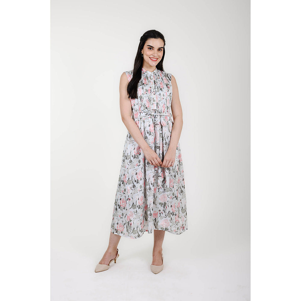 Rhapsody Jaipur Blue Floral Printed Dress with Belt (Set of 2)