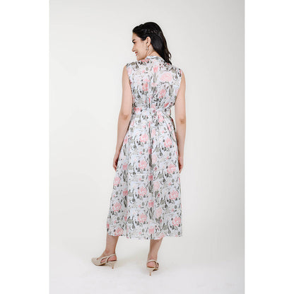 Rhapsody Jaipur Blue Floral Printed Dress with Belt (Set of 2)