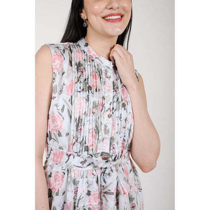 Rhapsody Jaipur Blue Floral Printed Dress with Belt (Set of 2)