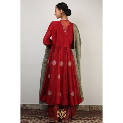 Rhua India Red Anokhi Anarkali with Palazzo and Dupatta (Set of 3)
