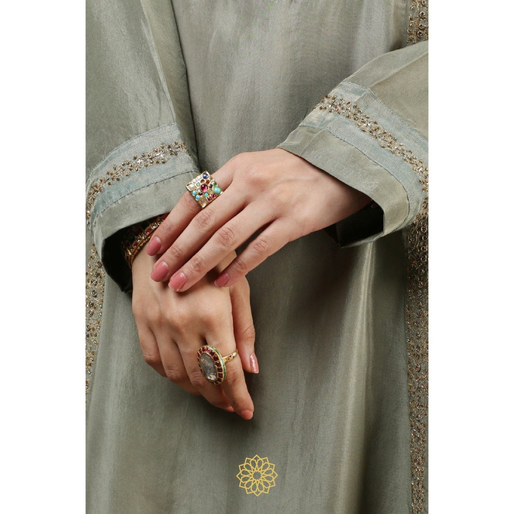 Rhua India Green Ira Straight Kurta with Churidar and Dupatta (Set of 3)