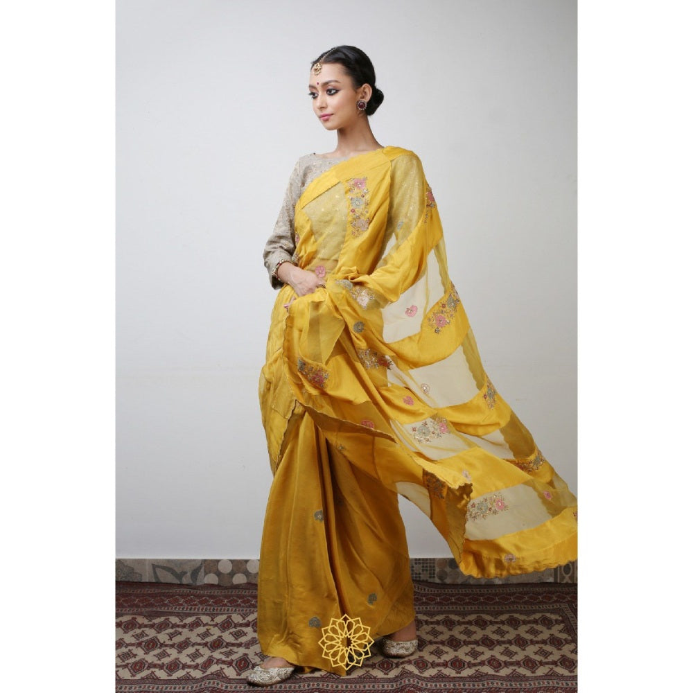 Rhua India Yellow Pavin Classical Saree with Stitched Blouse and Petticoat