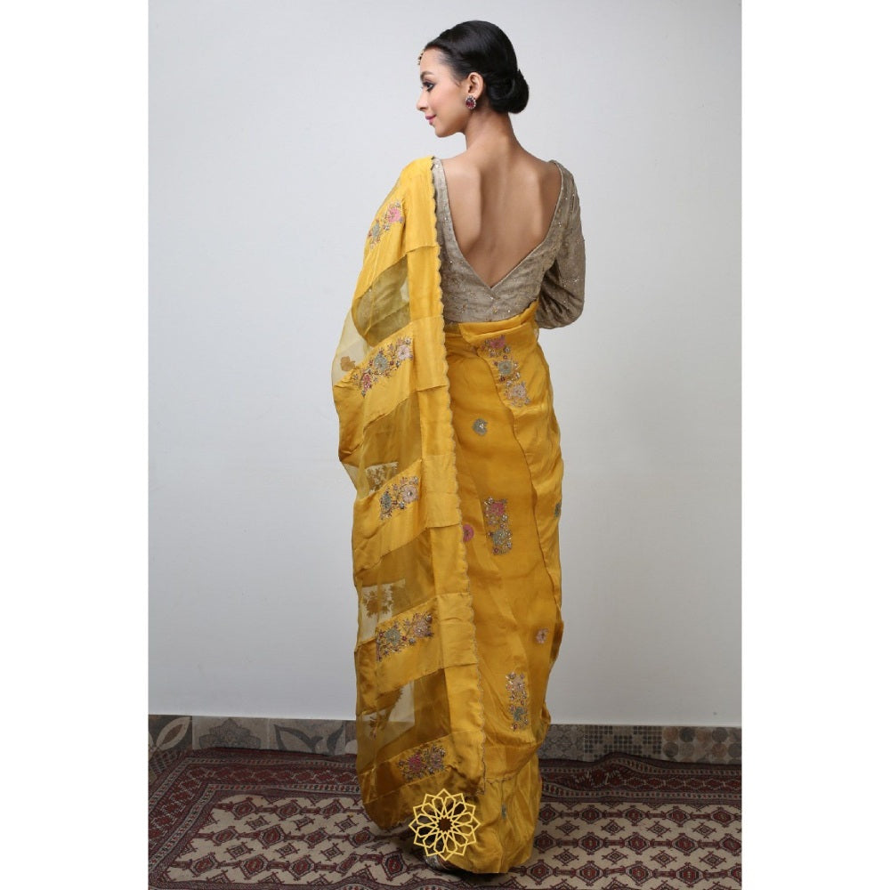 Rhua India Yellow Pavin Classical Saree with Stitched Blouse and Petticoat