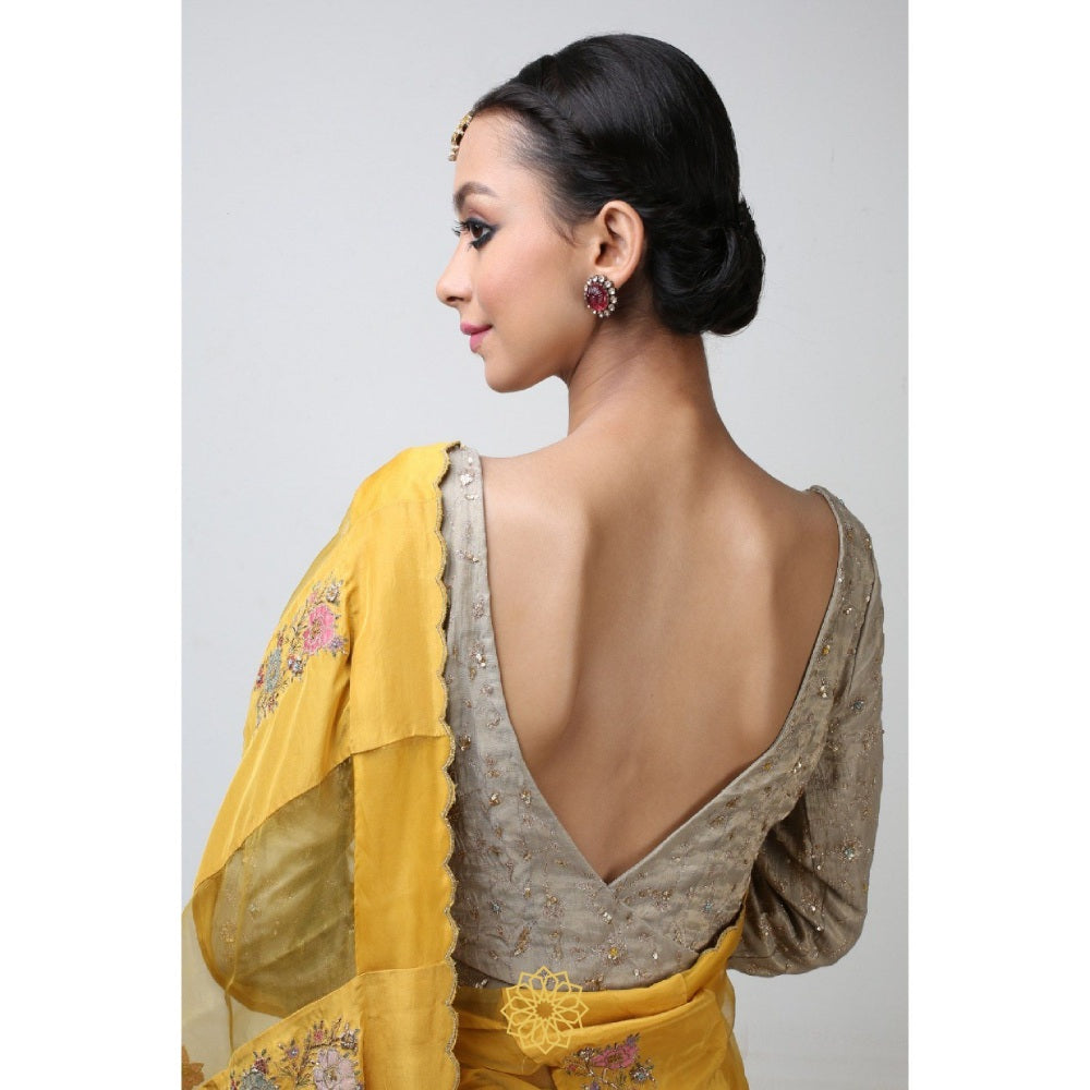 Rhua India Yellow Pavin Classical Saree with Stitched Blouse and Petticoat