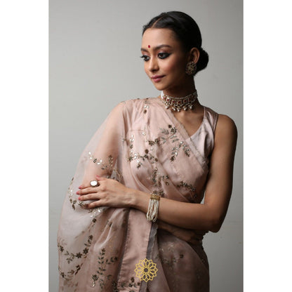 Rhua India Pink Suhani Classical Saree with Stitched Blouse and Petticoat