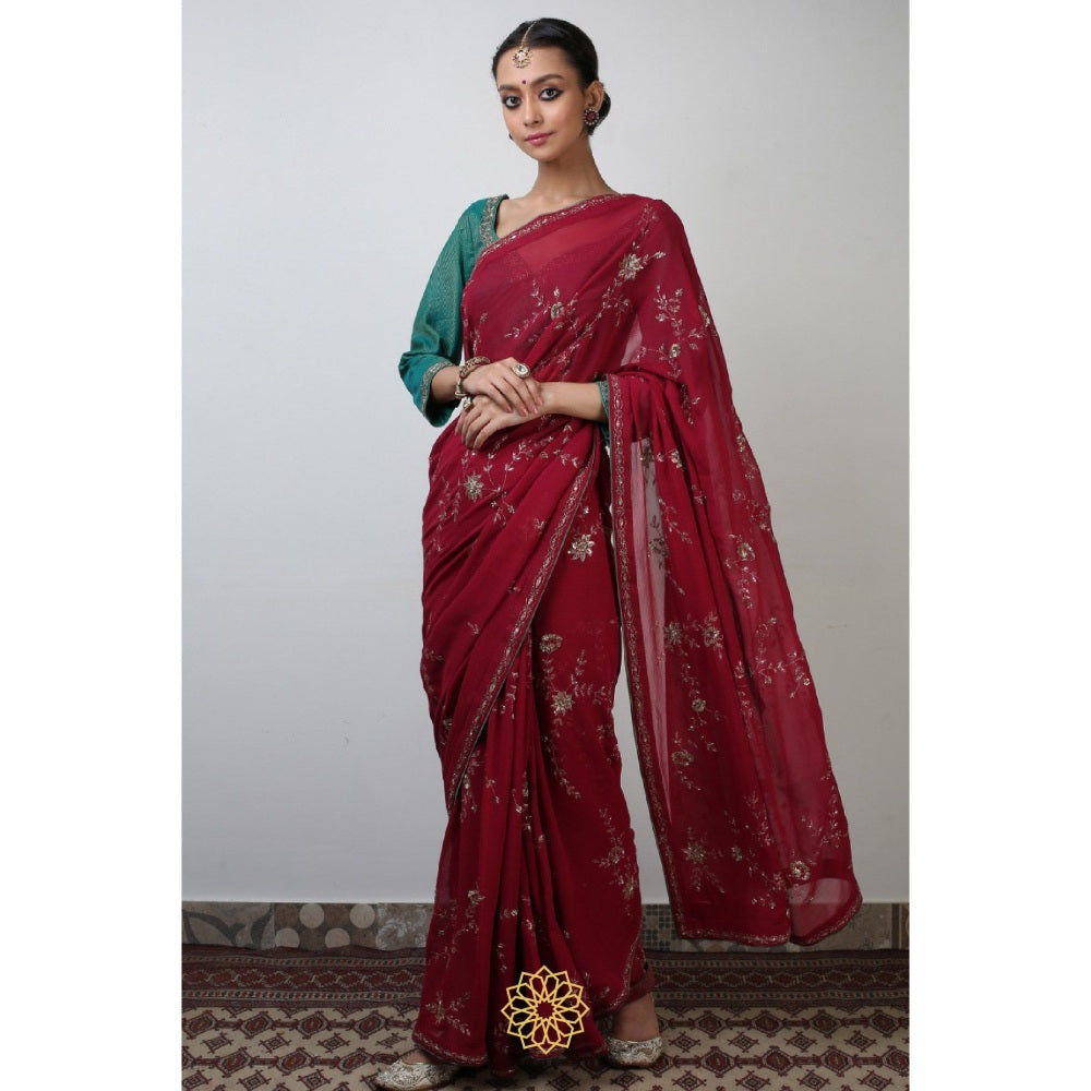 Rhua India Red Rubi Classical Saree with Stitched Blouse and Petticoat