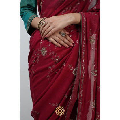 Rhua India Red Rubi Classical Saree with Stitched Blouse and Petticoat