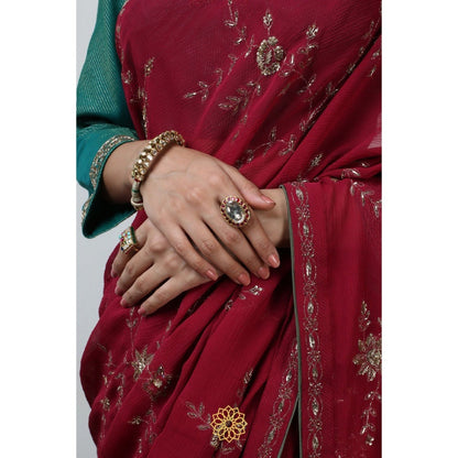 Rhua India Red Rubi Classical Saree with Stitched Blouse and Petticoat