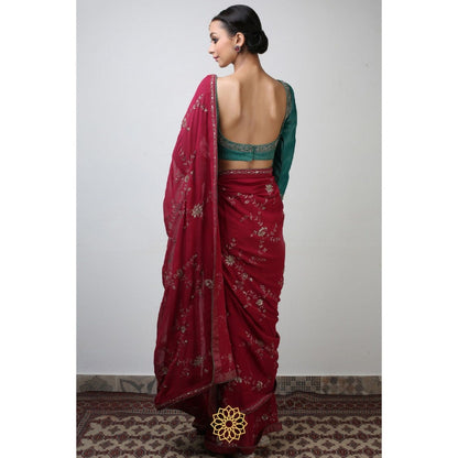 Rhua India Red Rubi Classical Saree with Stitched Blouse and Petticoat
