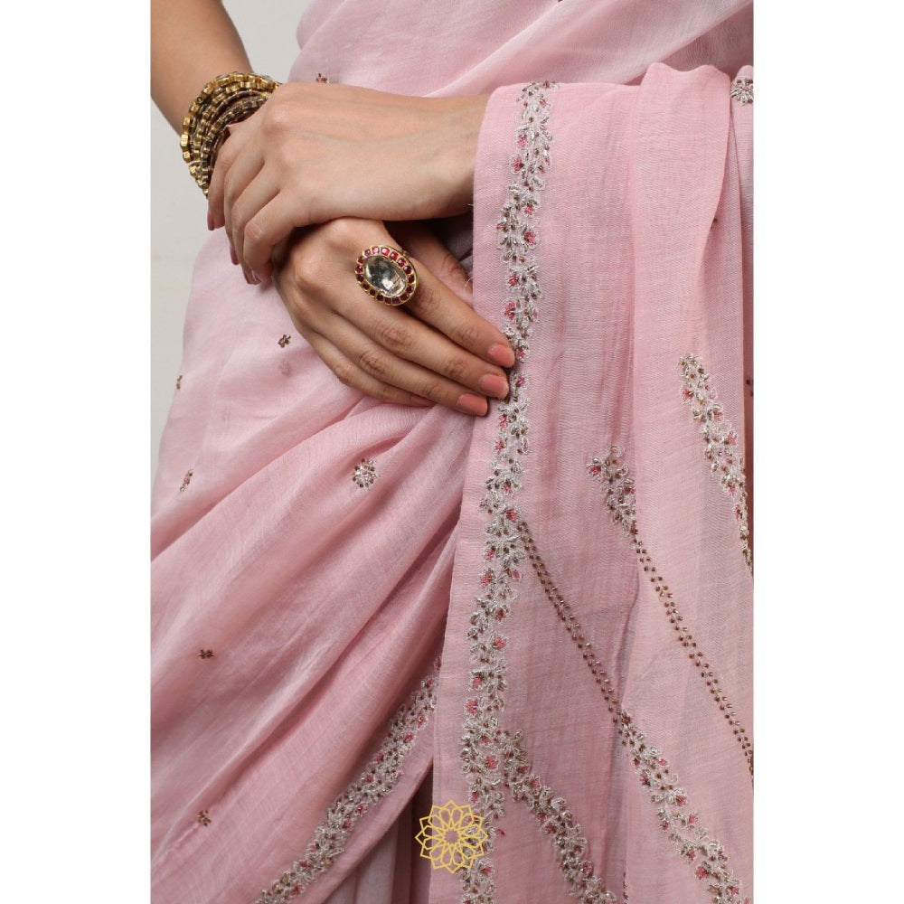 Rhua India Pink Aisha Classical Saree with Stitched Blouse and Petticoat