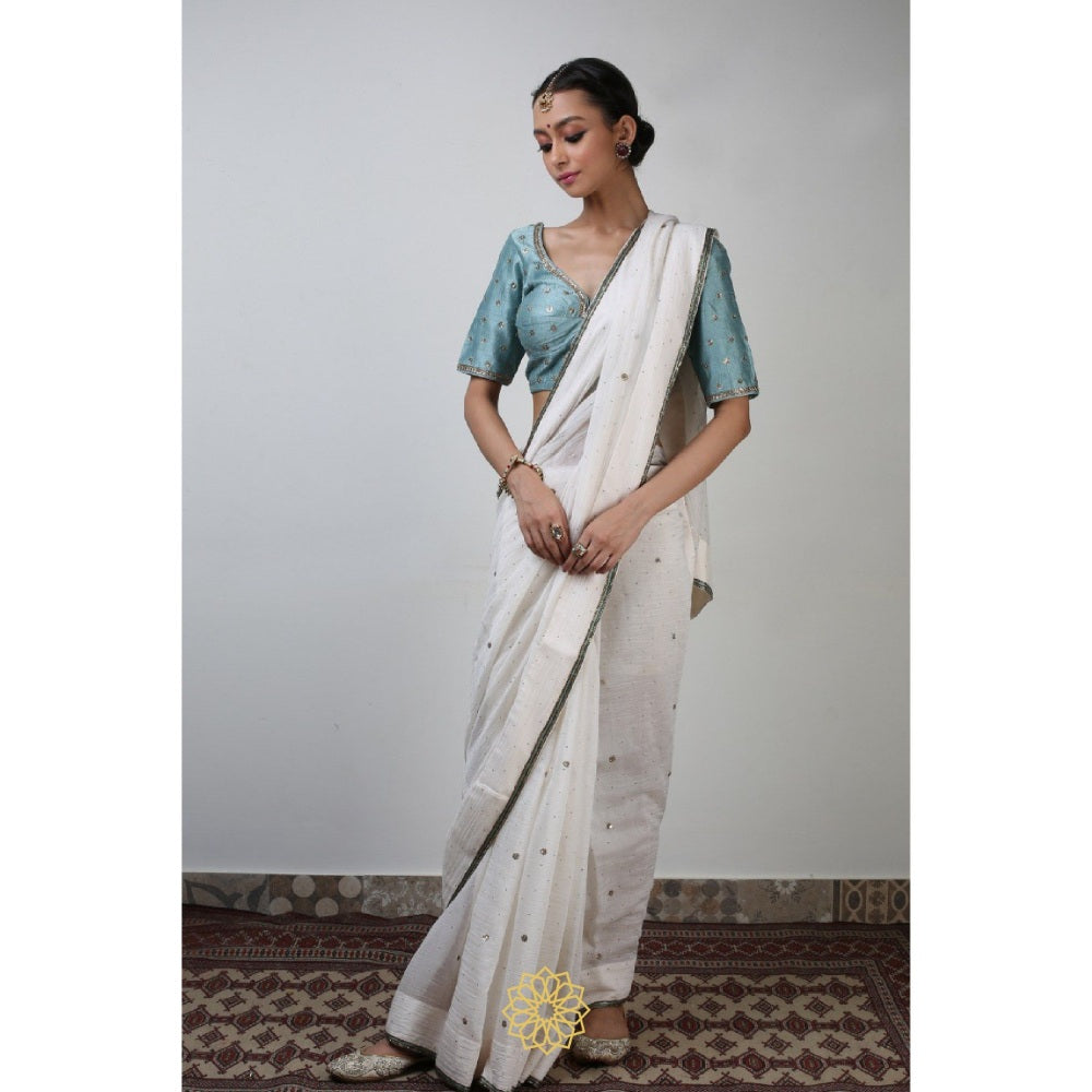 Rhua India Chand White Classical Saree with Stitched Blouse and Petticoat