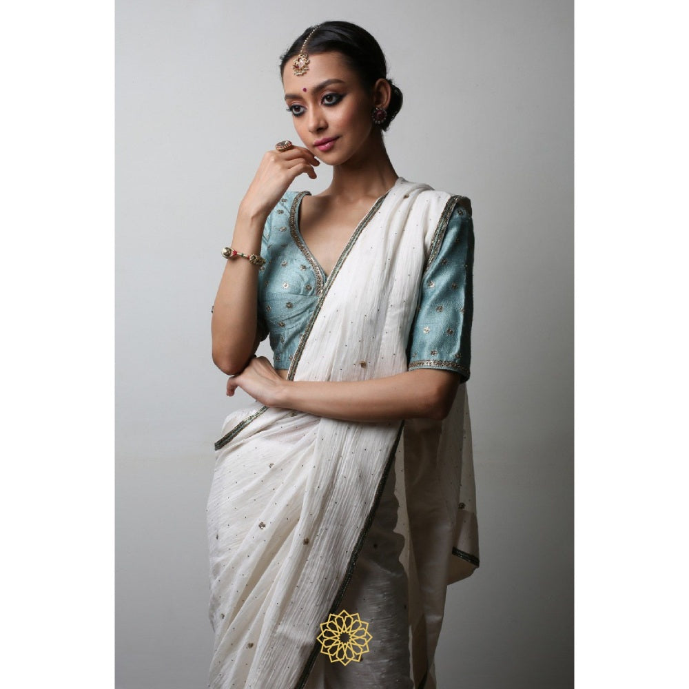 Rhua India Chand White Classical Saree with Stitched Blouse and Petticoat