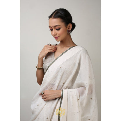 Rhua India Chand White Classical Saree with Stitched Blouse and Petticoat