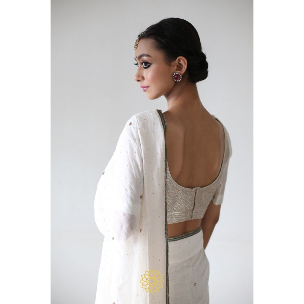 Rhua India Chand White Classical Saree with Stitched Blouse and Petticoat