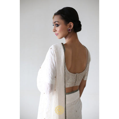Rhua India Chand White Classical Saree with Stitched Blouse and Petticoat