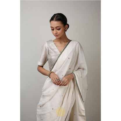 Rhua India Chand White Classical Saree with Stitched Blouse and Petticoat