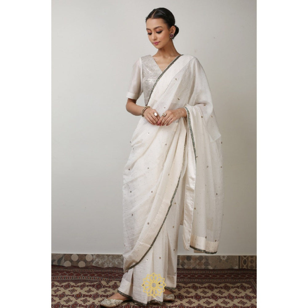 Rhua India Chand White Classical Saree with Stitched Blouse and Petticoat