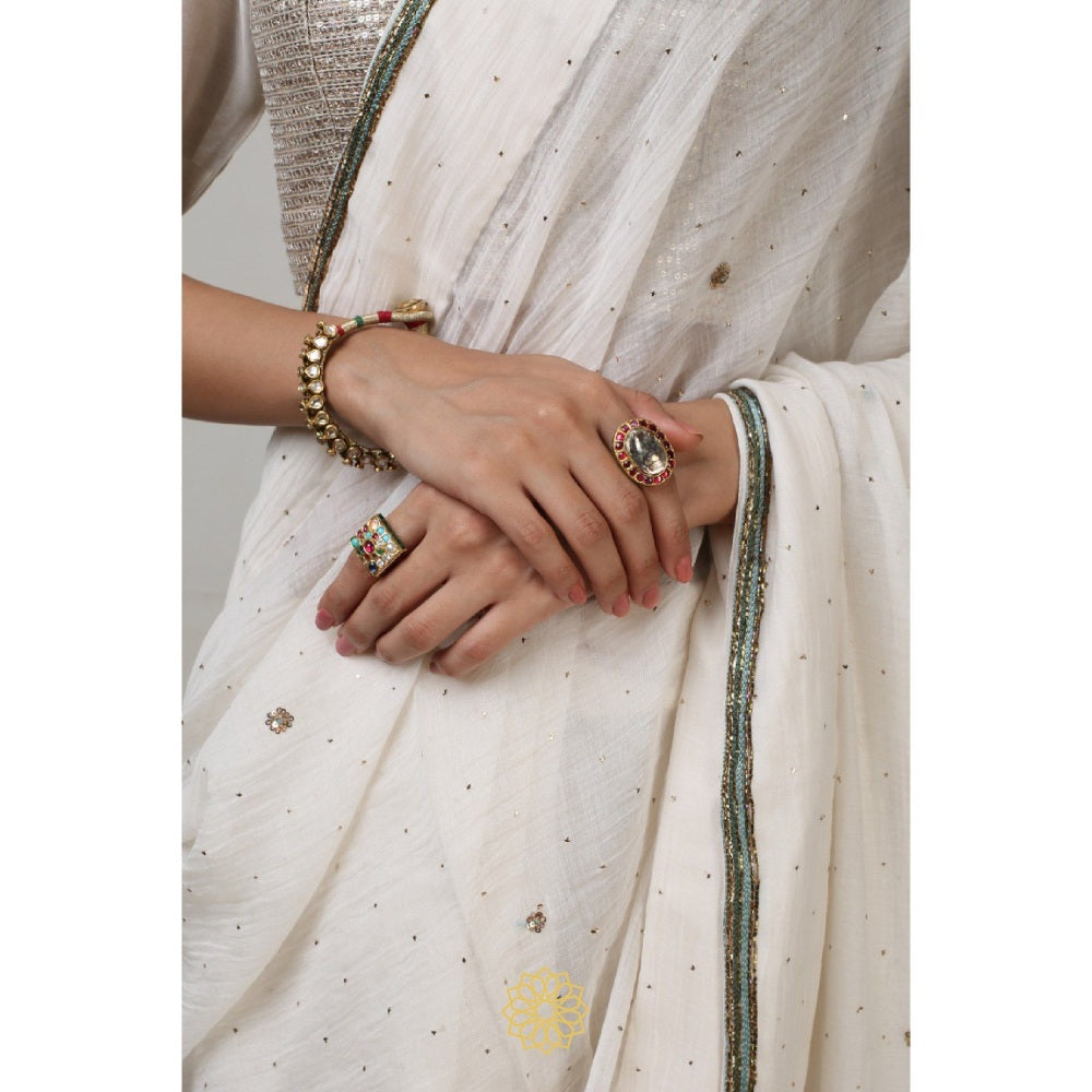 Rhua India Chand White Classical Saree with Stitched Blouse and Petticoat