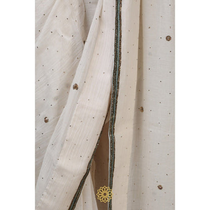 Rhua India Chand White Classical Saree with Stitched Blouse and Petticoat