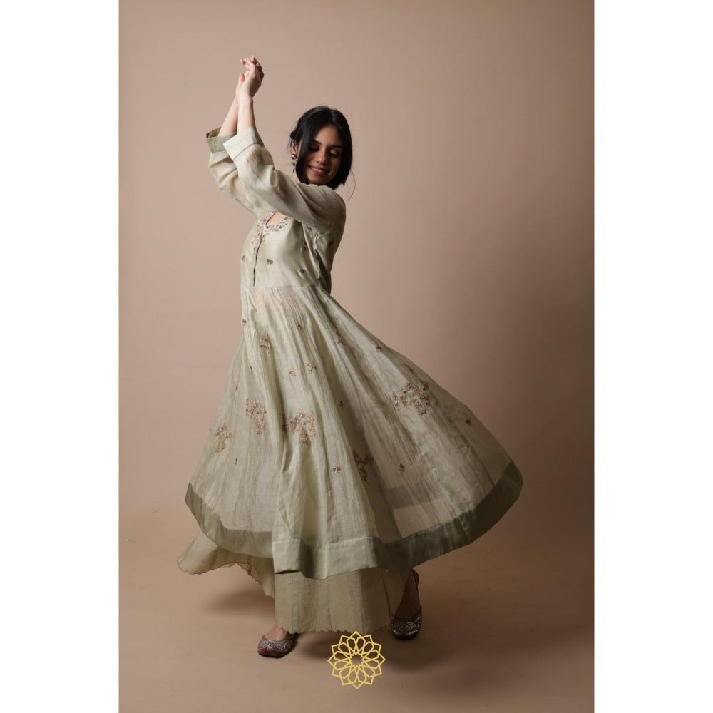 Rhua India Afra Green Anarkali with Palazzo and Dupatta (Set of 3)