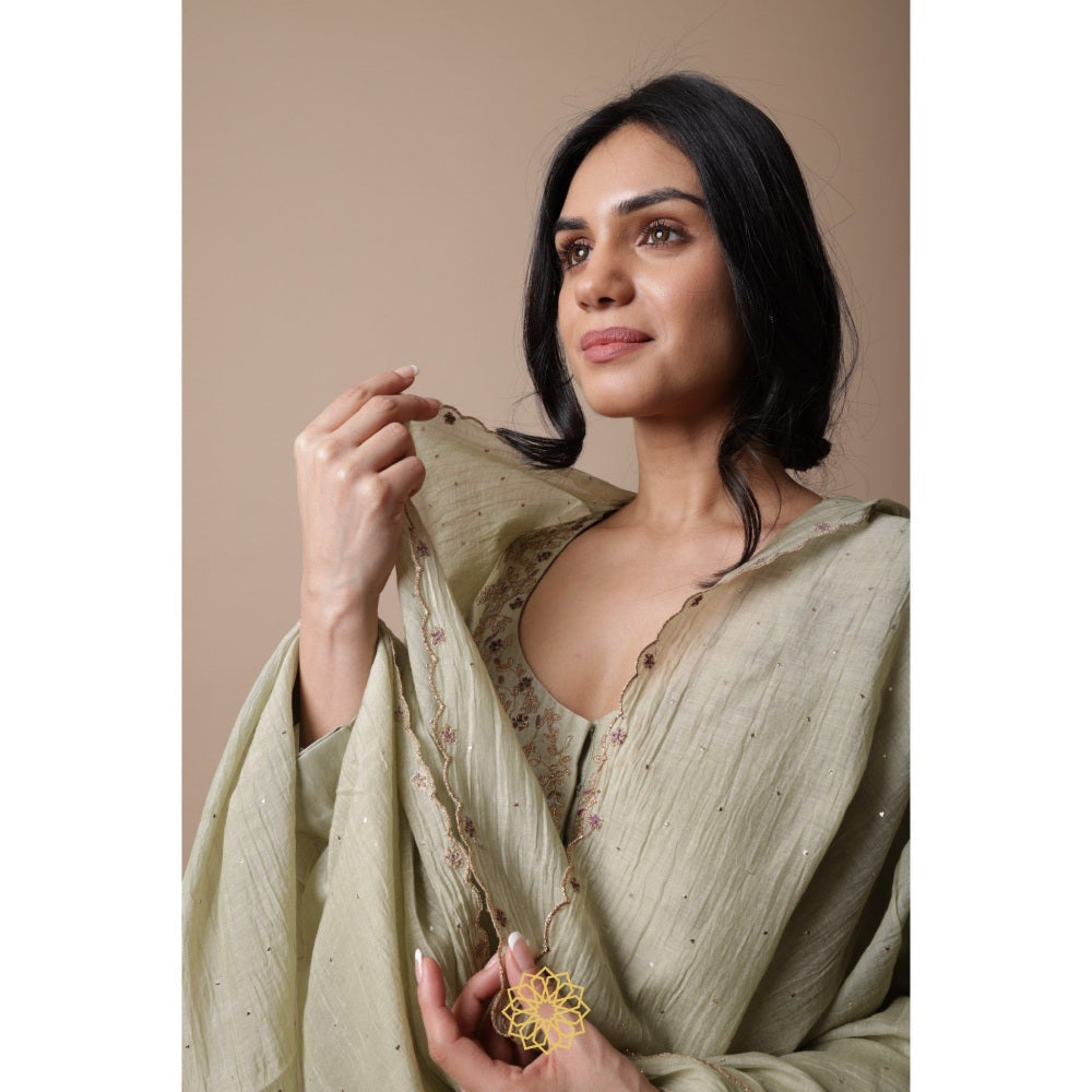 Rhua India Afra Green Anarkali with Palazzo and Dupatta (Set of 3)