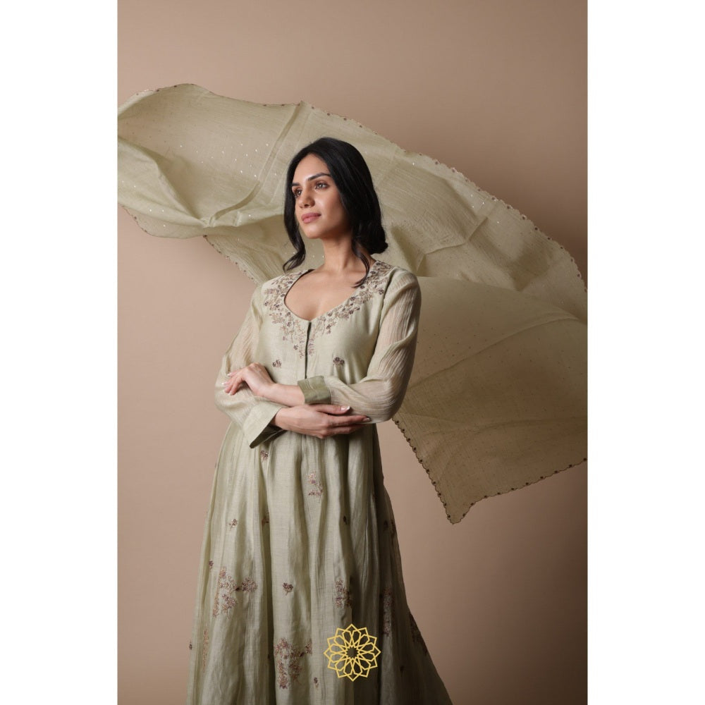 Rhua India Afra Green Anarkali with Palazzo and Dupatta (Set of 3)