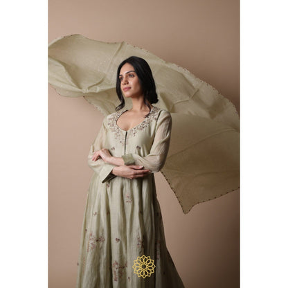 Rhua India Afra Green Anarkali with Palazzo and Dupatta (Set of 3)