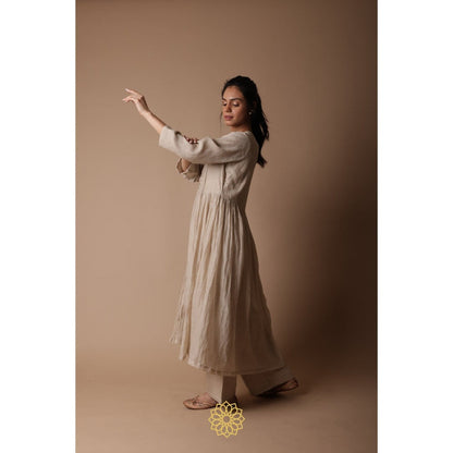 Rhua India Taupe Nitya Almond Straight Kurta with Palazzo (Set of 3)