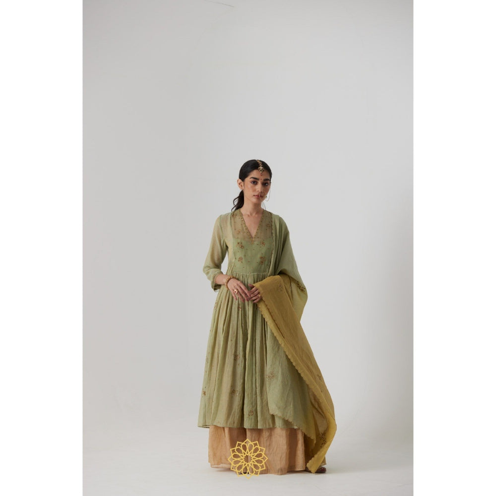 Rhua India Green Mihika Gathered Anarkali with Slip, Palazzo and Dupatta (Set of 4)