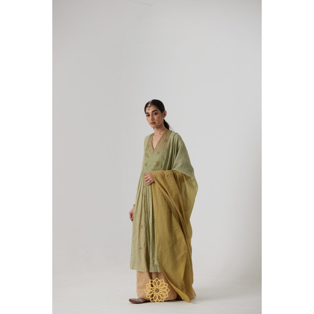 Rhua India Green Mihika Gathered Anarkali with Slip, Palazzo and Dupatta (Set of 4)