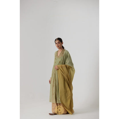 Rhua India Green Mihika Gathered Anarkali with Slip, Palazzo and Dupatta (Set of 4)