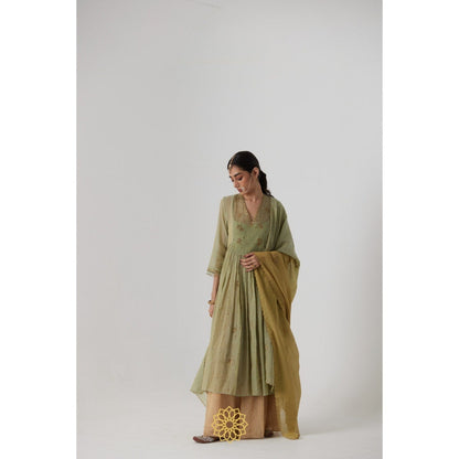 Rhua India Green Mihika Gathered Anarkali with Slip, Palazzo and Dupatta (Set of 4)